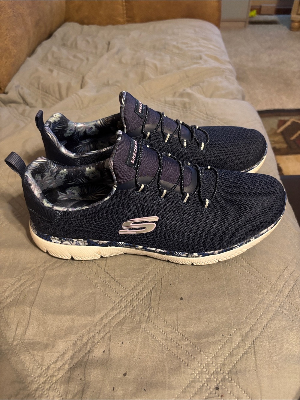 Skechers Navy Mesh Slip-On Sneakers with Floral Lining